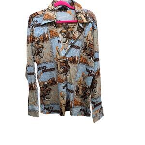 Vintage Manfredo Men's Blue Tan Harley Davidson Button Down Shirt Size Large 70s